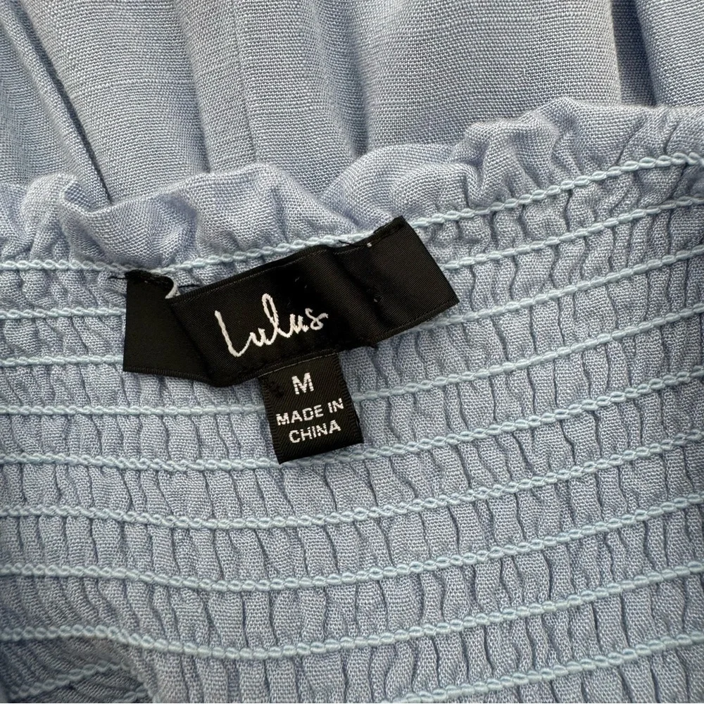 Lulus Smocked Midi Dress size Medium Light Blue Tie Shoulder Lined